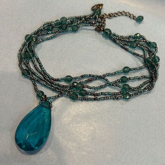 #1 Deep aqua blue acrylic beads with accenting seed beads, 15 inch choker neckla - Picture 3 of 5